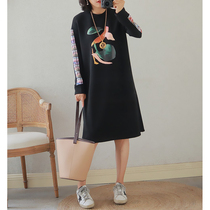 Giant suitable wear 2021 autumn wild abstract print ~ thin loose long sleeve black Medium-length dress dress