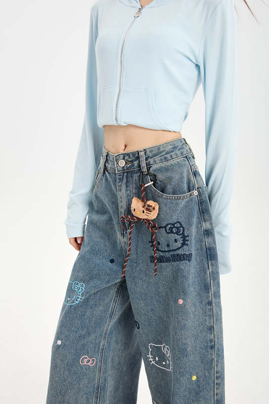 Kitty Cat Cartoon Embroidered Wide-Leg Jeans for Women 2025 Autumn New High-Waisted Slimming Design Straight-Leg Pants Kitty Cat Cartoon Embroidered Wide-Leg Jeans for Women 2025 Autumn New High-Waisted Slimming Design Straight-Leg Pants