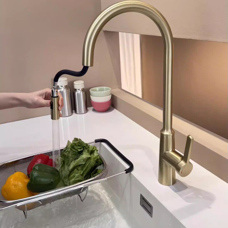 All-Copper and Zinc Alloy Kitchen Faucet with Dual-Control Hot and Cold Water, Universal Rotating Stainless Steel Kitchen Bar Faucet