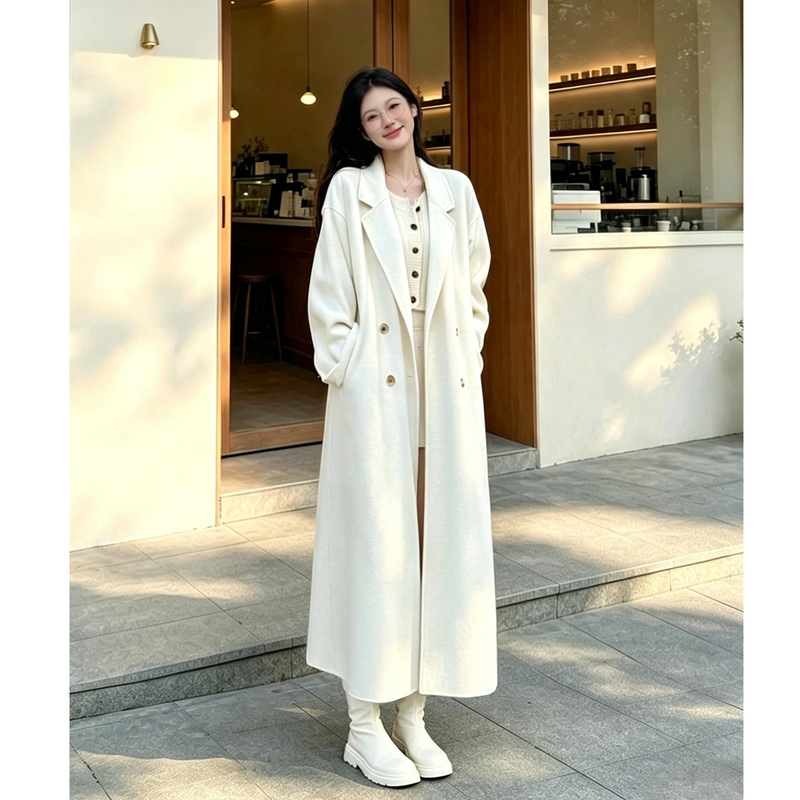 Long Double-Sided Cashmere Coat for Tall Women, 2026 Autumn and Winter New Korean Style High-End Woolen Overcoat