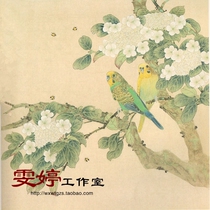 Gongbi painting white drawing background-parrot hydrangea Chinese painting Calligraphy painting Flowers and birds painting Living room painting