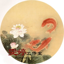 Gongbi painting flowers and birds white drawing background—Lotus lotus pond carp Lotus Gongbi painting background Chinese painting calligraphy and painting round surface