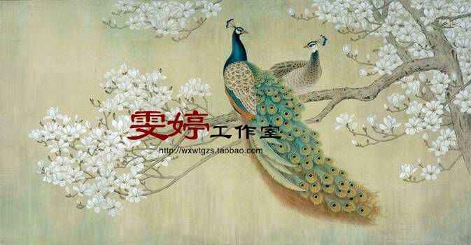 Gong pen painting white drawing bottom draft - auspicious as intention Peacock magnolia 88 * 170 cm painting Chinese painting character painting six feet
