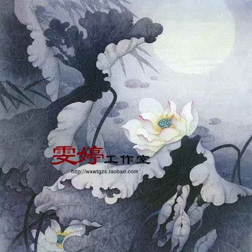 Fine brushwork line drawing real white paper bottom draft flower and bird line drawing Chinese painting draft lotus lotus pond moonlight painting living room painting*