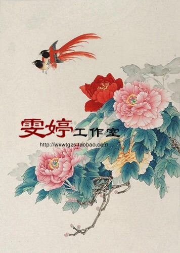 Meticulous painting and white drawing manuscript-Peony Jinpheasant character flower and bird meticulous drawing draft *