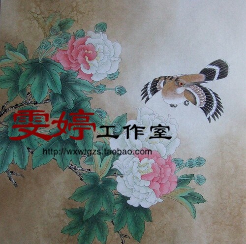 Fine brushwork line drawing manuscript - peony bird Chinese calligraphy painting flower and bird painting living room painting