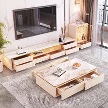 Light luxury Rock board size round tea table TV cabinet combination small apartment living room minimalist marble coffee table TV cabinet