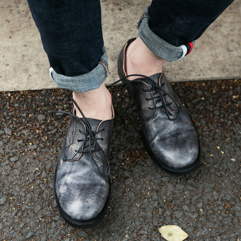 Designer pleated retro handmade men's shoes trendy British leather casual leather shoes Korean version round toe all-match soft sole shoes