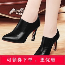 2019 spring and autumn season new Korean version pointed fine heel leather high heel single shoes wild black deep mouth womens small leather shoes