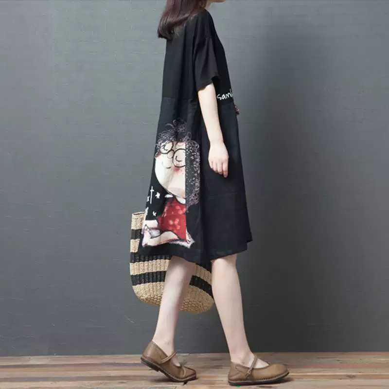 Mùa hè năm 2021 phiên bản mới của Hàn Quốc của váy cotton và vải lanh cỡ lớn dành cho phụ nữ có chiều dài trung bình váy vải lanh in phong cách phương Tây - váy đầm