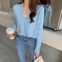 Legend homemade milk blue sweater female spring and autumn lazy wind V - collar short knitted sweater wear outside