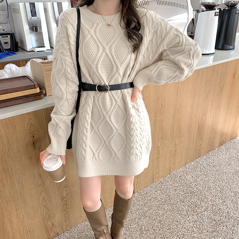 Hemp Flower Sweater Woman White Autumn/Winter Outwear Thickened Loose loose Lazy Round Collar headsets Long version of coarse wool thread knitted dress
