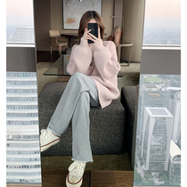 Gray high waist broadlegs female in autumn and winter wear lazy wind thickening vertical loose and casual drag trousers