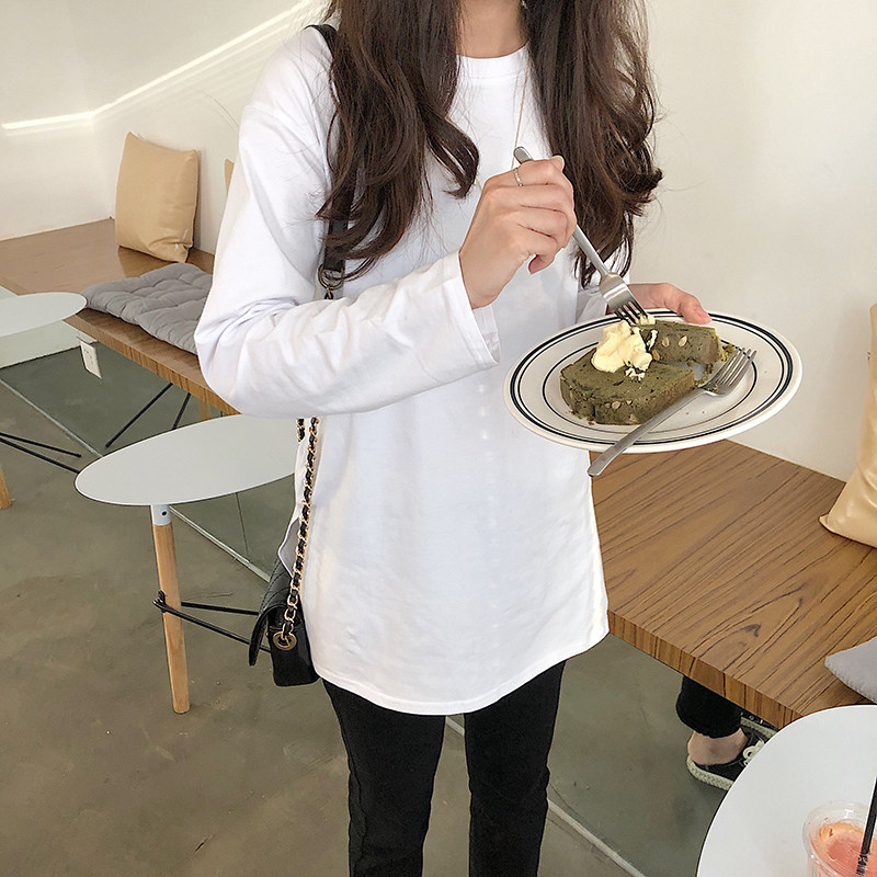 2022 spring and autumn new Korean version of solid color round neck plus velvet long-sleeved t-shirt women's pure cotton white loose T-shirt bottoming shirt