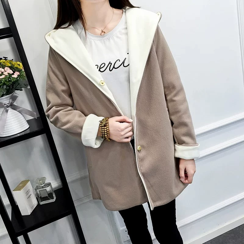 Thu đông 2018 phiên bản Hàn Quốc mới của áo len dài trùm đầu hai mặt mặc áo liền thân màu rộng, áo thun nữ mỏng áo khoác nữ mùa đông