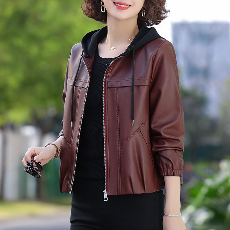 Leather Jacket for Women 2026 New Style Mother's Leather Jacket Loose Large Size Middle-Aged and Elderly Women's Pu Leather Top with Hood