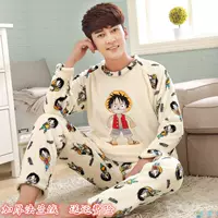 Mùa đông san hô nhung One Piece đồ ngủ nam dày phim hoạt hình Lufei mùa đông thanh niên học sinh trung học flannel phù hợp đồ pijama nam trung niên