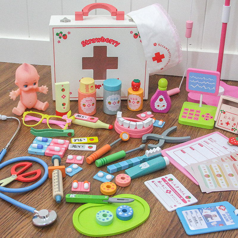 Strawberry Children Wooden Emulation Medicine Case Drip Hanging Bottle Dress Home Wine Doctor Toy Nurse Suit Group