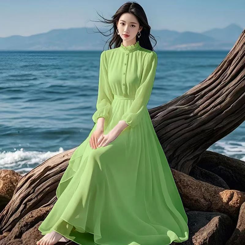 Vintage Style Dress 2026 Spring/Summer New Seaside Vacation Flowy Waist-Cinching Long Dress with Elegant Flare Skirt