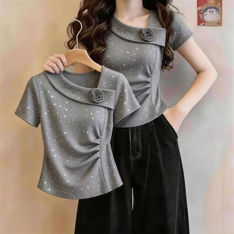 Gypsophila Summer New Design Asymmetrical Neckline Short-Sleeve Ruched Waist T-Shirt Fashionable Age-Reducing Versatile Slim-Fit Top Gypsophila Summer New Design Asymmetrical Neckline Short-Sleeve Ruched Waist T-Shirt Fashionable Age-Reducing Versatile Slim-Fit Top