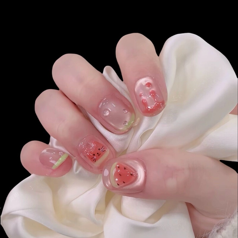 【Watermelon Kitten】Handmade Nail Art with Summer Clear Glass Beads Cat Eye Watermelon Kitten Cute and Brightening Nail Art 【Watermelon Kitten】Handmade Nail Art with Summer Clear Glass Beads Cat Eye Watermelon Kitten Cute and Brightening Nail Art