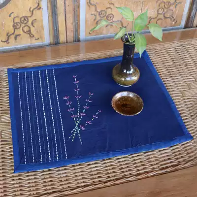 Plant blue dyed Thorn embroidery Japanese and wind cherry blossom art fabric insulation tea plate mat tea mat coaster