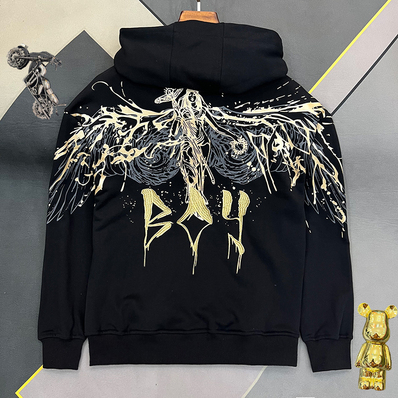 Boy Embroidered Eagle Hooded Cardigan Sweatshirt, Unisex Casual Loose-Fitting Couple's Versatile Jacket