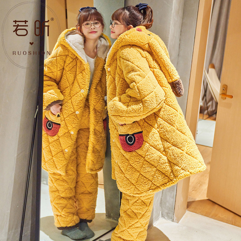 Coral Suede Pajamas Woman Autumn winter paragraph Thickened Triple Clip Cotton Warm Sleeping Robe Suit Cute Flannel Sumpsuit