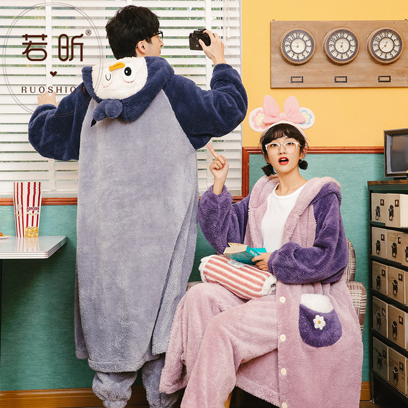 Suit lovers sleeping robes coral suede pyjamas women's spring autumn Winter style Cute Thickened Flannel Men's Home Clothing