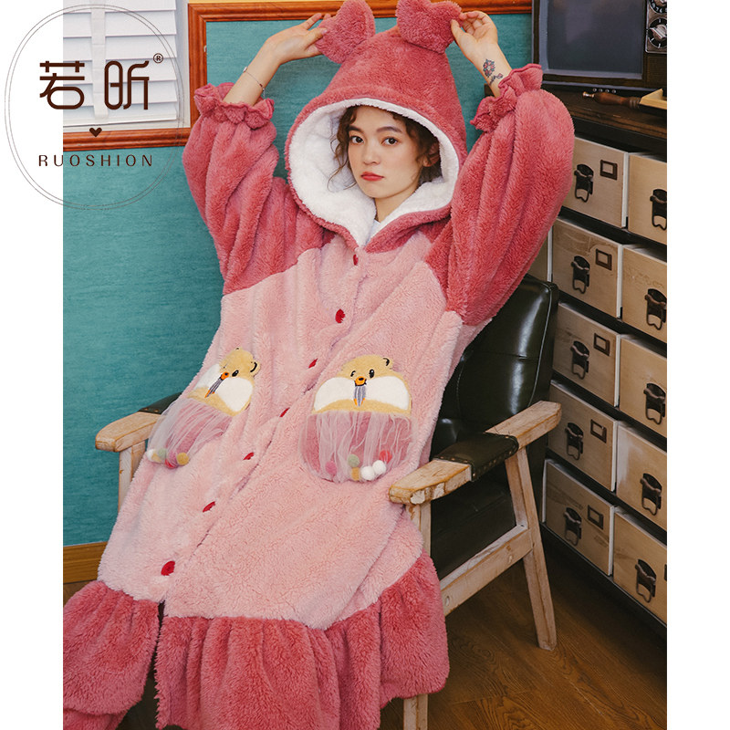 Coral Suede Pajamas Woman Spring Autumn Winter Money Sweet And Cute Thickened Flannel Student Long Sleeping Robe Suit Home Conserved