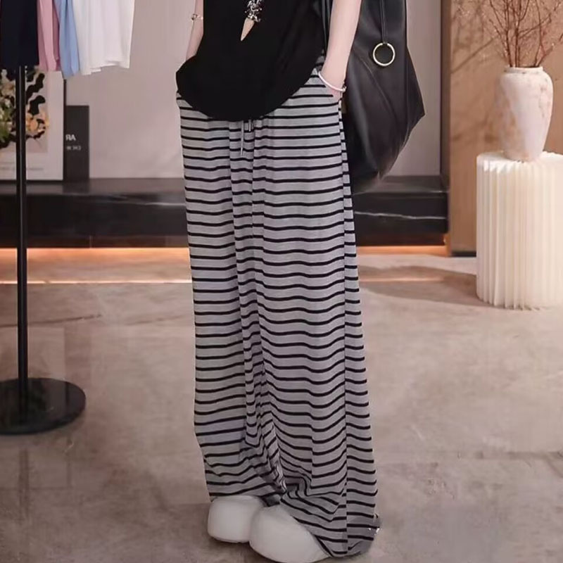 Plus Size Fat mm Stripesd Knitted Wide Leg Pants for Women Summer Thin High Waist Loose Casual Draped Straight Sports Pants