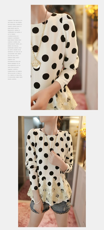 2017 mùa thu mới size lớn của phụ nữ openwork thêu ren áo sơ mi chấm bi áo sơ mi chạm đáy áo béo mm dài tay áo voan áo sơ mi caro nữ form rộng