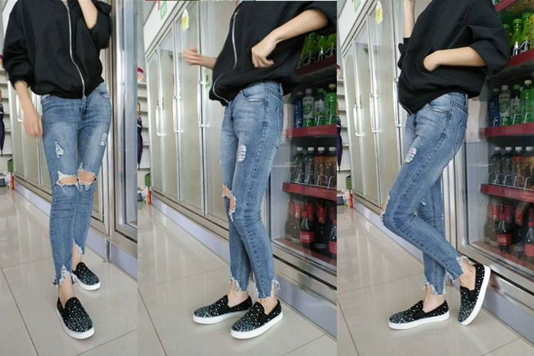 Giày lười rhinestone, giày lười nữ, giày tăng chiều cao nữ, giày đơn nữ đế bằng mũi tròn, giày đế thấp, giày đế dày, giày hoang dã - Giày cắt thấp