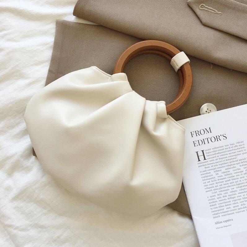 Korea ins retro wooden handle handbag pleated cloud bag messenger small bag shoulder bag texture women's bag tide