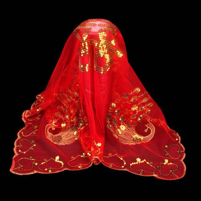 Red Hood Wedding Bride Main Wedding Dress Chinese Wedding Show and Summer with Blinds Red Kippa Translucent Head Yarn