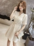 2018 mùa hè mới v- cổ cao eo đầm voan phụ nữ nhỏ giảm béo retro một từ lười biếng gió váy đầm xòe công chúa cao cấp