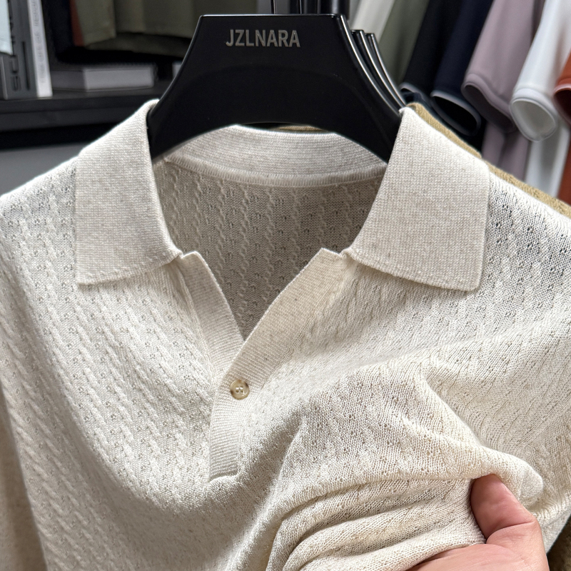 Tencel Lyocell + Linen High-End Short-Sleeve Knitted Polo Shirt for Men with Seagull Collar, Twisted Pattern, Hollowed-Out Lapel T-Shirt