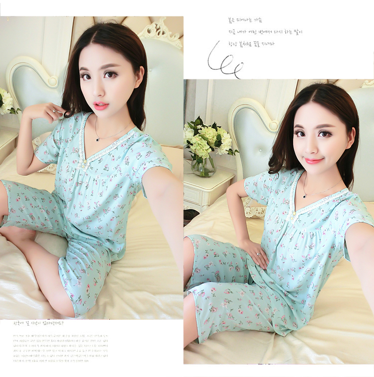 Bông lụa đồ ngủ nữ mùa hè cotton ngắn tay quần của phụ nữ mùa hè kích thước lớn cotton silk đồ ngủ nhân tạo cotton dịch vụ nhà phù hợp với