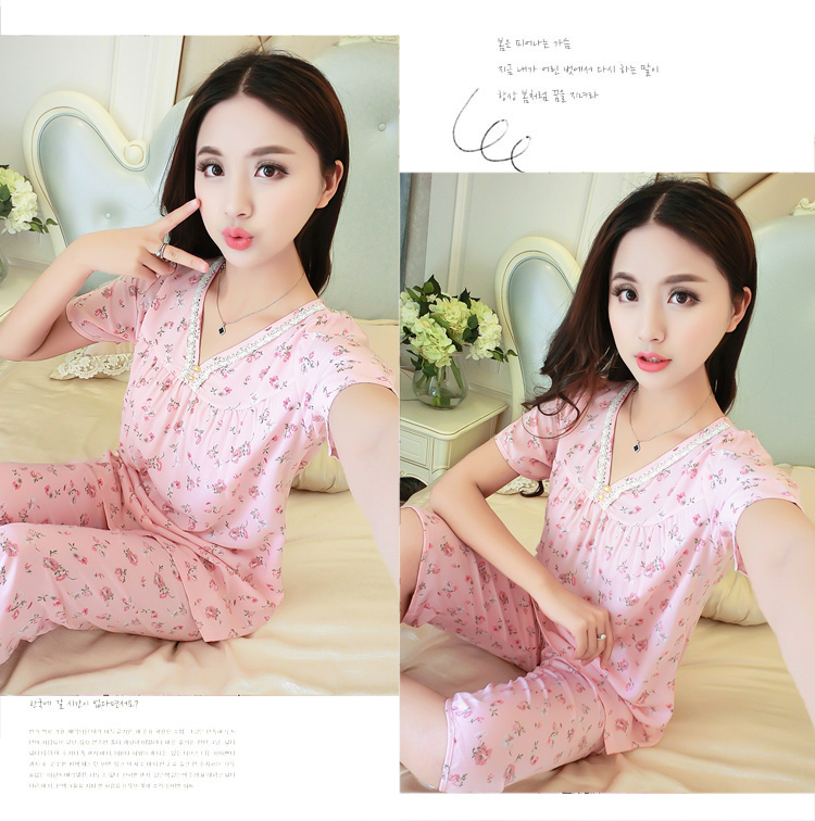 Bông lụa đồ ngủ nữ mùa hè cotton ngắn tay quần của phụ nữ mùa hè kích thước lớn cotton silk đồ ngủ nhân tạo cotton dịch vụ nhà phù hợp với