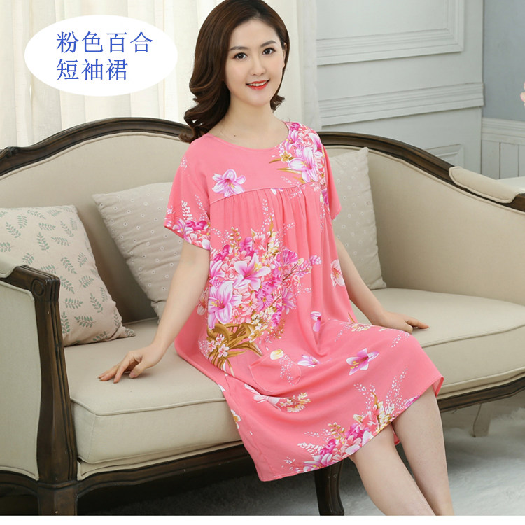 Mùa hè cộng với phân bón để tăng cotton lụa của mẹ nightdress nhân tạo bông trung niên nữ đồ ngủ ngắn tay cotton lụa thai sản nightdress