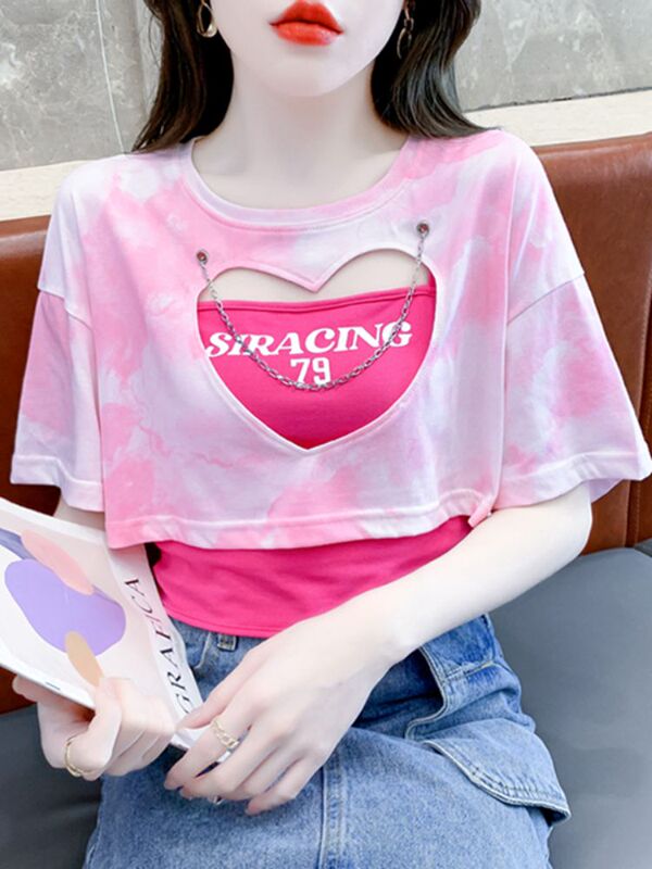 Hollow Heart Short-Sleeved T-Shirt Two-Piece Set for Women, New Summer Style Letter Print Camisole + Tie-Dye Short Top Hollow Heart Short-Sleeved T-Shirt Two-Piece Set for Women, New Summer Style Letter Print Camisole + Tie-Dye Short Top