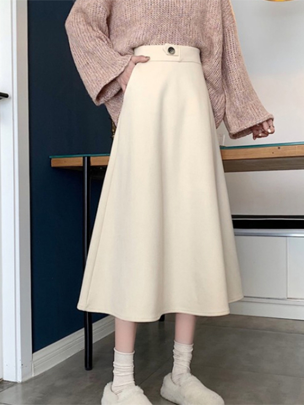 Off-White High-Waisted Skirt for Women, Autumn and Winter, Petite A-Line Skirt, Autumn Vintage Mid-Length Slimming Drapey Long Skirt