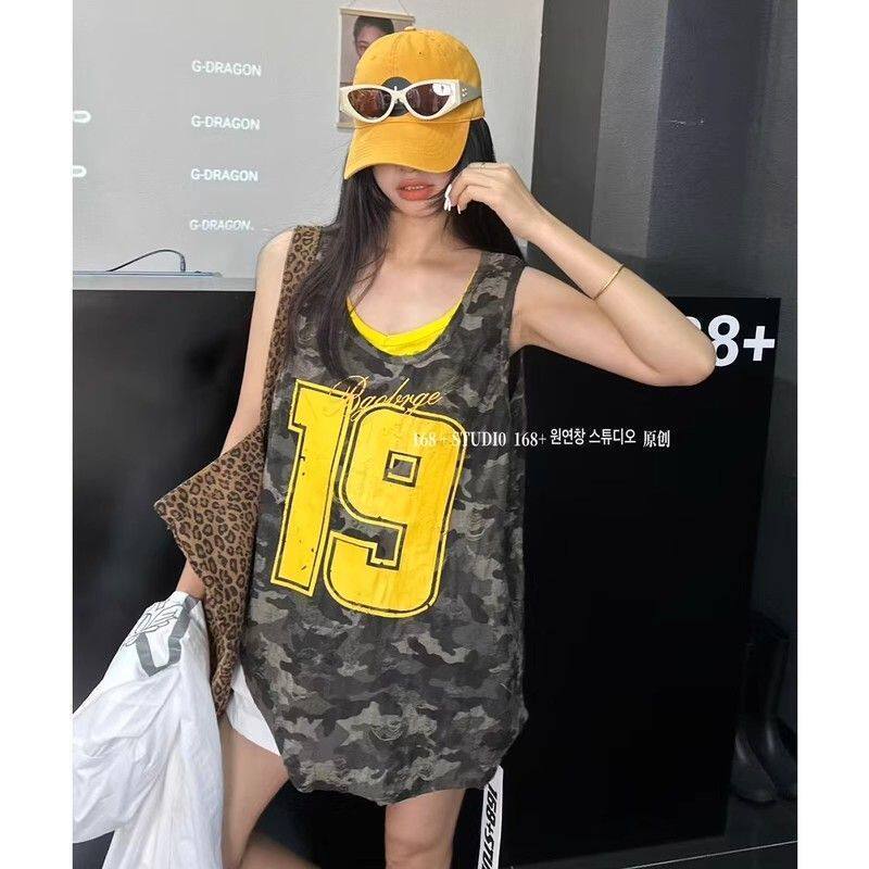Fake Two-Piece Camouflage Vest for Women, Loose Fit, Color-Blocking, Digital Print, Sleeveless, Casual, Stylish, Body-Covering Top