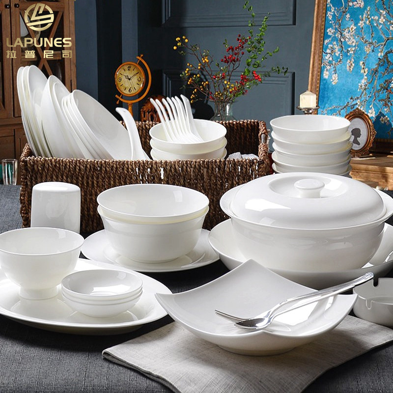 lapunes new Chinese bone china light luxury pure white tableware set simple high-end rice bowl and chopsticks combination household