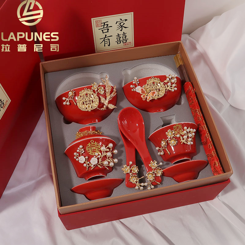 lapunes Chinese-style handmade wedding red cover bowl toast tea cup a pair of double happiness dowry wedding gift box