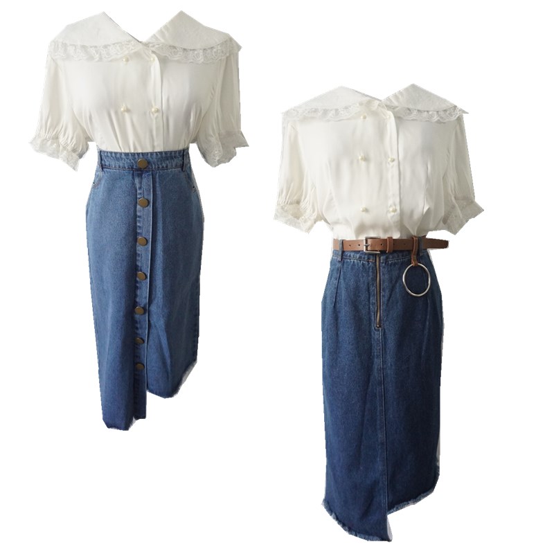 vintage foreign trade denim skirt with belt one step skirt slit denim skirt