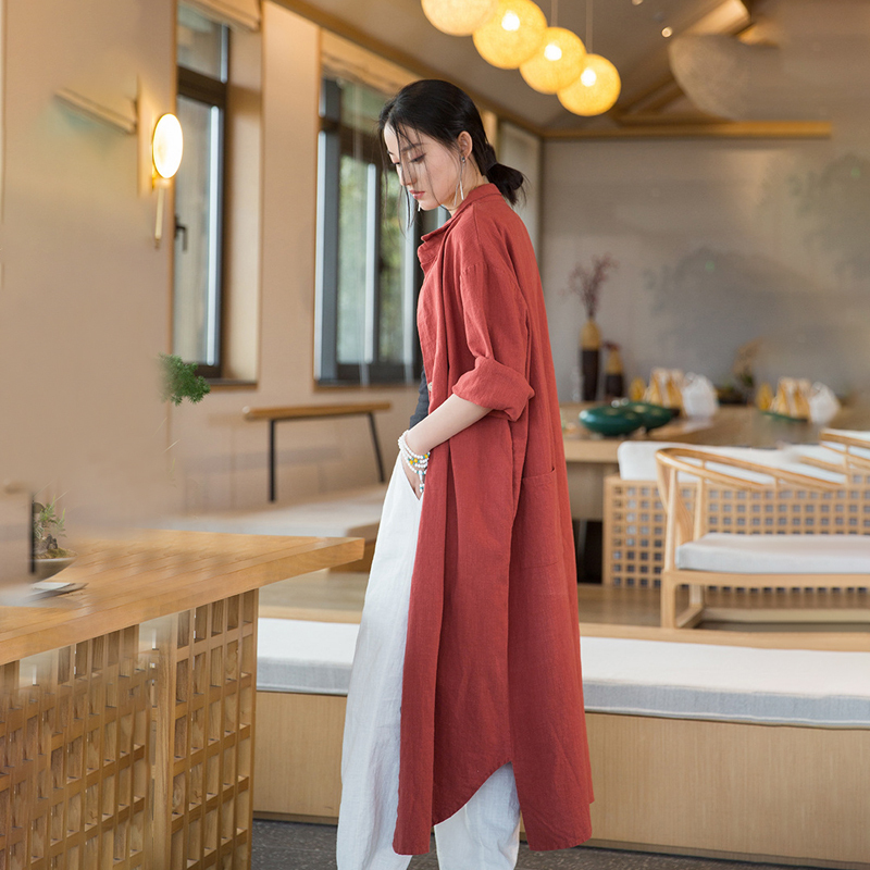 Hong Kong Style Retro Thin Ramie Trench Coat Shirt with a High-End Feel, Loose Fit, Slimming, Long and Versatile Cardigan Jacket