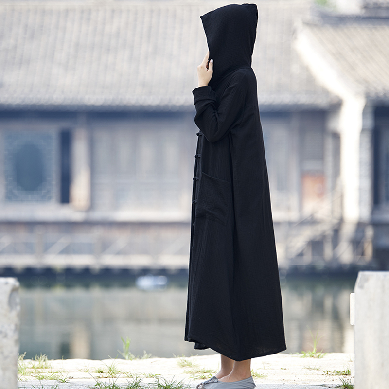 Spring and Autumn Hooded Cotton and Linen Dress Robe Retro Buttoned Witch Hat Trench Coat Loose Large Size Cape Coat