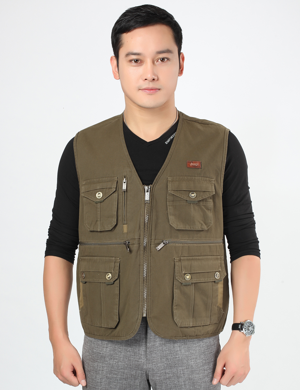 Mùa xuân và mùa thu nam trung niên cotton V-cổ cỡ lớn nhiều túi vest giản dị câu cá nhiều túi chụp ảnh vest áo vest dạ nam