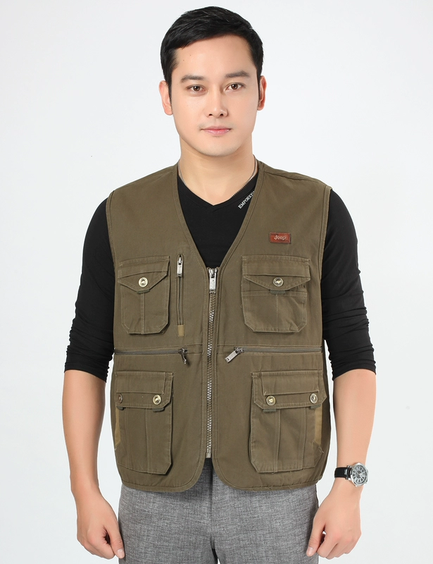 Mùa xuân và mùa thu nam trung niên cotton V-cổ cỡ lớn nhiều túi vest giản dị câu cá nhiều túi chụp ảnh vest áo ấm nam mùa đông